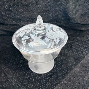 Avon Hummingbird etched crystal covered candy dish